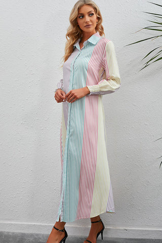 Rainbow Stripe Button-Up Maxi Shirt Dress Trendsi