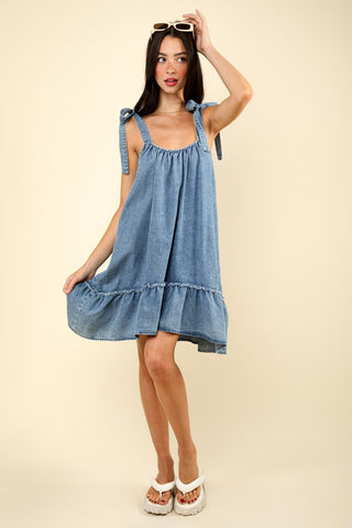 VERY J Shoulder Tie Washed Denim Mini Dress Trendsi