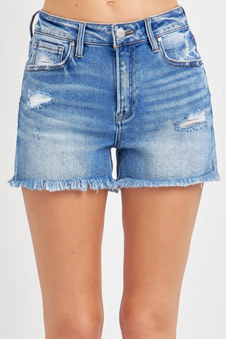 RISEN Full Size High Rise Distressed Raw Hem Denim Shorts Trendsi