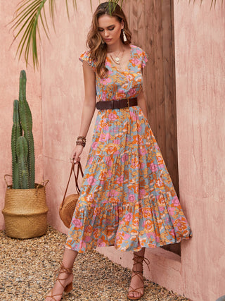 Ruffled Printed V-Neck Cap Sleeve Tiered Dress Trendsi