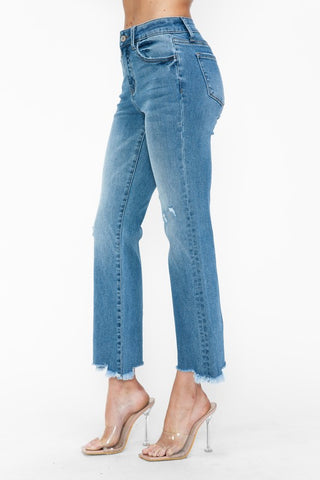 bytos Raw Hem Distressed Mid Rise Crop Jeans Trendsi