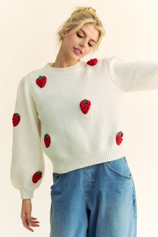 Davi & Dani Crochet Strawberry Round Neck Sweater Trendsi