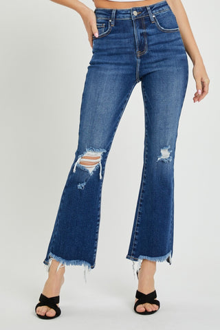 RISEN High Rise Distressed Crop Flare Jeans Trendsi