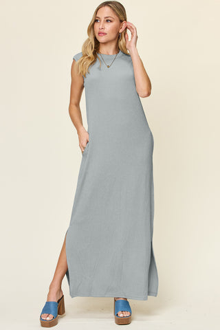 Double Take Full Size Texture Mock Neck Sleeveless Maxi Dress Trendsi