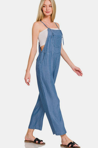 Zenana Washed Adjustable Strap Wide Leg Denim Overalls Trendsi