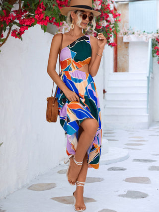 Printed Cutout One-Shoulder Sleeveless Dress Trendsi