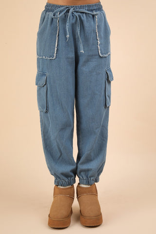 VERY J Washed Drawstring Jogger Cargo Jeans Trendsi