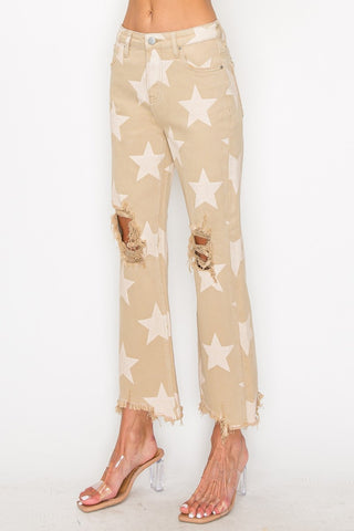 RISEN Full Size High Rise Star Printed Frayed Hem Jeans Trendsi