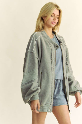 Davi & Dani Exposed Seam Zip Up Dropped Shoulder Jacket Trendsi