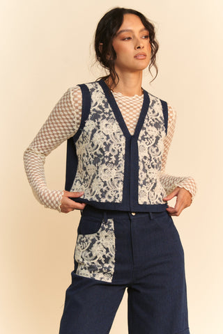 Davi & Dani Lace Patch Open Front Denim Vest Trendsi