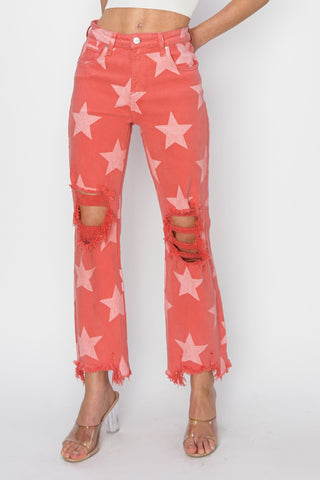 RISEN Full Size Distressed Raw Hem Star Pattern Jeans Trendsi