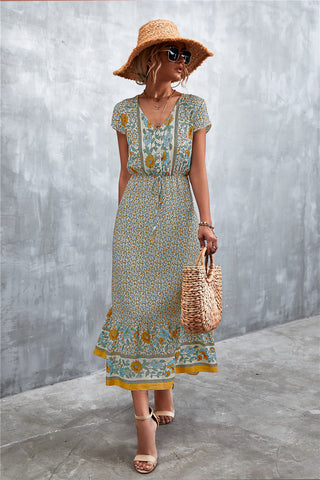 V-Neck Short Sleeve Printed Maxi Dress Trendsi