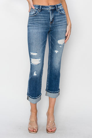 RISEN Full Size Cuffed Ankle Distressed Straight Jeans Trendsi