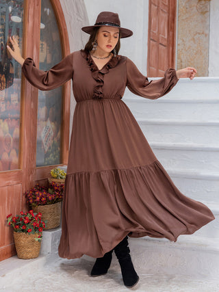 Plus Size V-Neck Ruffle Trim Maxi Dress Trendsi