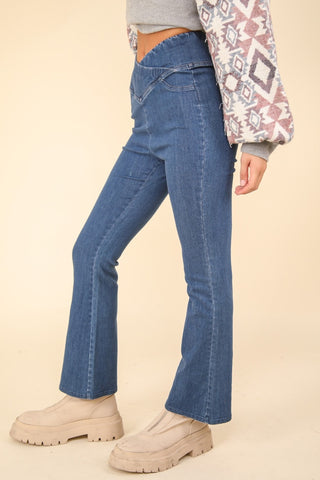 VERY J Washed Denim Stretchy Crossover Waist Leggings Trendsi