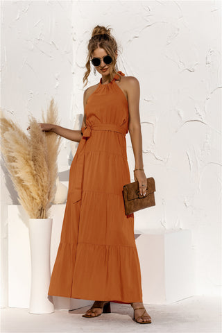 Halter Neck Tie Waist Tiered Maxi Dress Trendsi