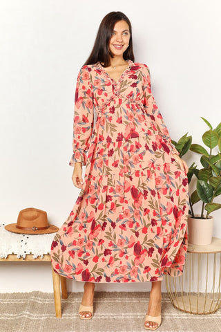 Double Take Floral Frill Trim Flounce Sleeve Plunge Maxi Dress Trendsi