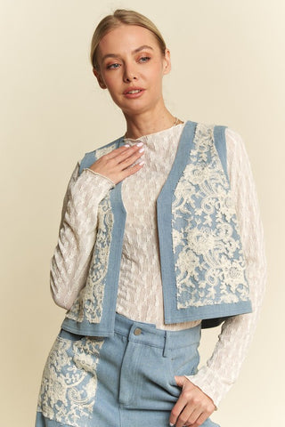 Davi & Dani Lace Patch Open Front Denim Vest Trendsi