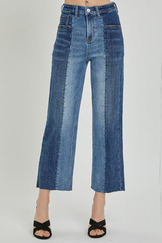 RISEN Full Size Mid-Rise Waist Two-Tones Jeans with Pockets Trendsi