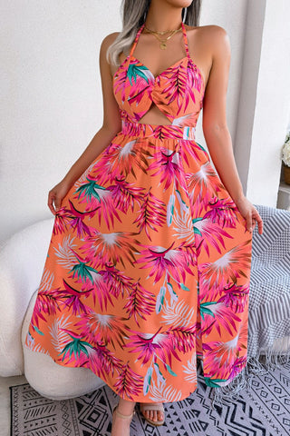 Botanical Print Tied Backless Cutout Slit Dress Trendsi