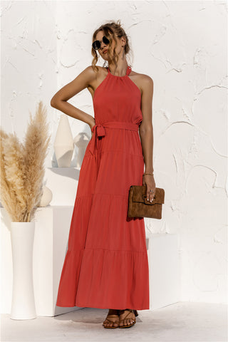 Halter Neck Tie Waist Tiered Maxi Dress Trendsi