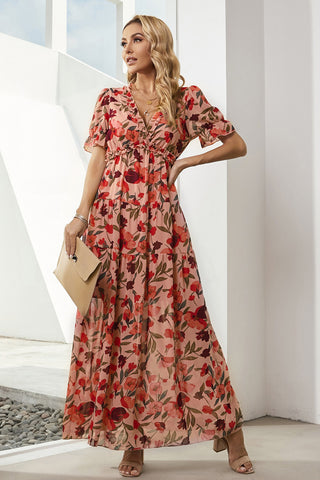 Floral V-Neck Short Flounce Sleeve Dress Trendsi