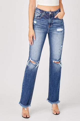 Risen Full Size Raw Hem Distressed Straight Jeans Trendsi