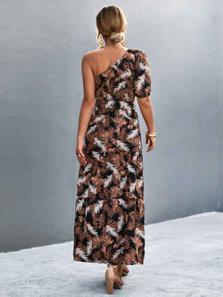 Printed Tie Waist One Shoulder Maxi Dress Trendsi