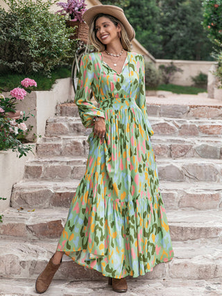 Printed Tie Neck Long Sleeve Maxi Dress Trendsi