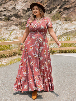 Plus Size Floral Slit Ruffle Hem Dress Trendsi