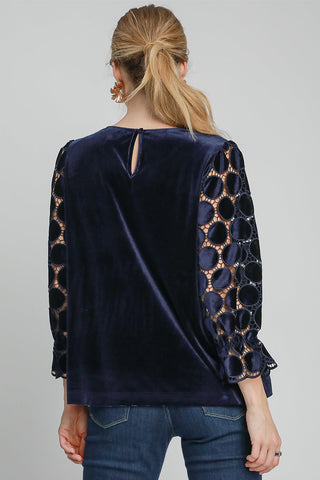 Umgee Polka Dot Lace Long Sleeve Round Neck Blouse Trendsi