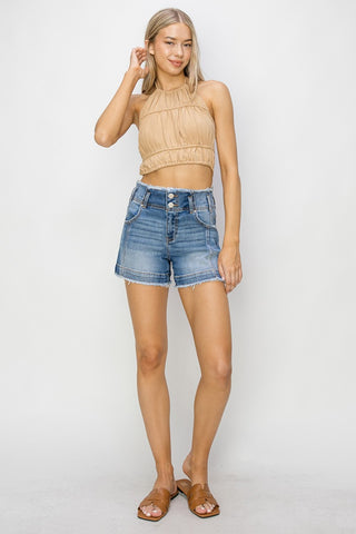 RISEN High Rise Seam Detailed Raw Edge Denim Shorts Trendsi