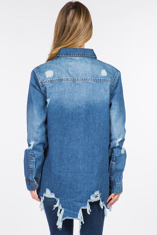 American Bazi Distressed Frayed Hem Denim Jacket Trendsi