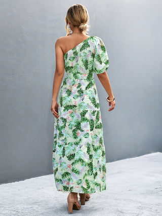 Printed Tie Waist One Shoulder Maxi Dress Trendsi