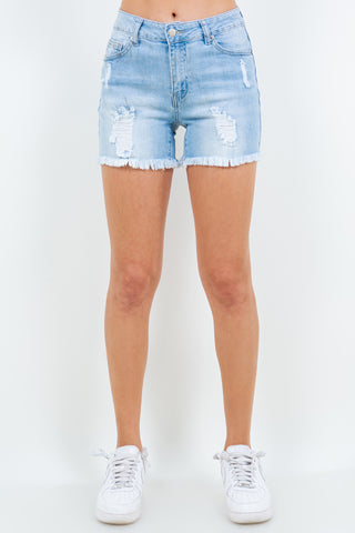 American Bazi High Waist Distressed Frayed Denim Shorts Trendsi