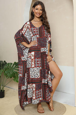 Printed V-Neck Split Maxi Dress Trendsi