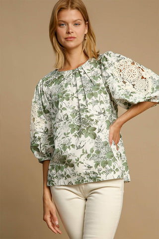 Umgee Floral Pleated Detail Lace Trim Sleeve Blouse Trendsi