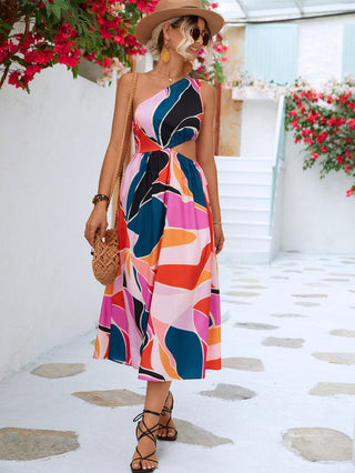 Printed Cutout One-Shoulder Sleeveless Dress Trendsi