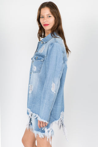 American Bazi Distressed Frayed Hem Denim Jacket Trendsi