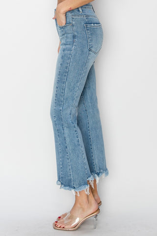 RISEN Full Size High Rise Frayed Hem Flare Jeans Trendsi