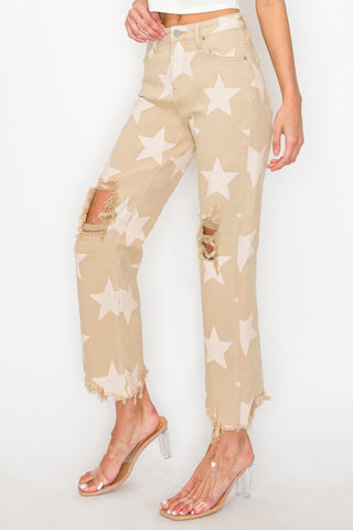 RISEN Full Size High Rise Star Printed Frayed Hem Jeans Trendsi