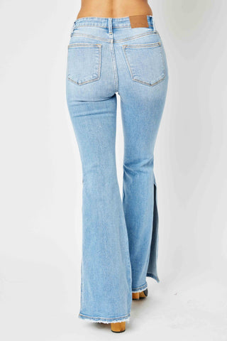 Judy Blue Full Size Mid Rise Raw Hem Slit Flare Jeans Trendsi