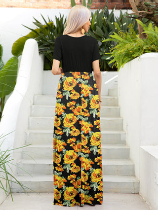 Printed Round Neck Short Sleeve Maxi Dress Trendsi