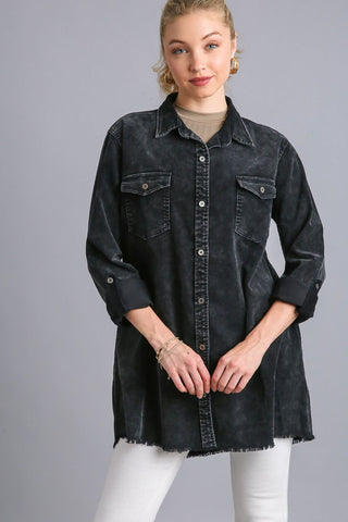 Umgee Raw Hem Button Down Denim Jacket with Chest Pockets Trendsi