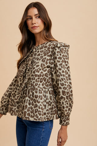 Annie Wear Tied Leopard Round Neck Peplum Blouse Trendsi