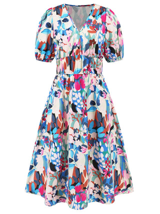 Ruched Printed Surplice Short Sleeve Dress Trendsi