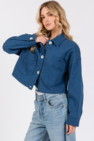 bytos Button Down Cropped Denim Jacket with Patch Pockets Trendsi