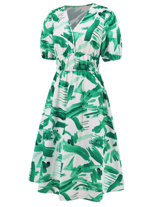 Ruched Printed Surplice Short Sleeve Dress Trendsi