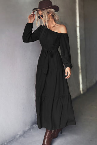 Belted One-Shoulder Tiered Maxi Dress Trendsi