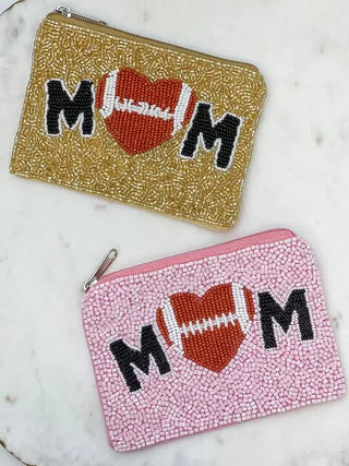 PREORDER: Football Heart 'Mom' Beaded Zip Pouch in Two Colors Ave Shops